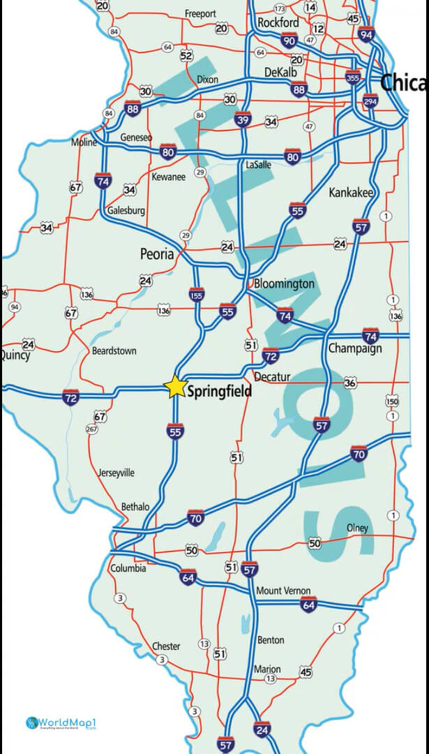 Springfield Interstate Highways Map in Illinois